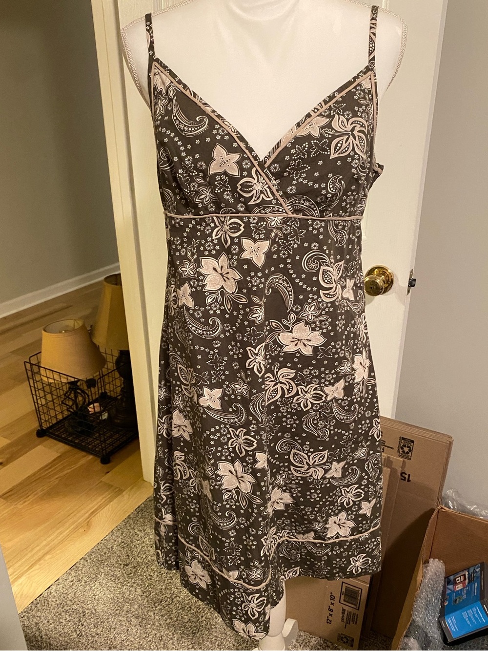 Floral Paisley Spaghetti Strap Summer Dress Green and Light Tan US Size 12